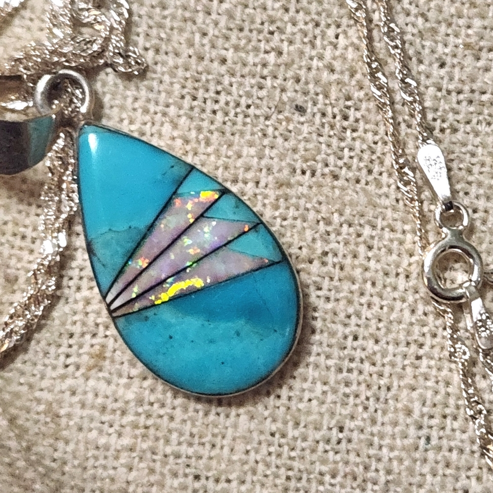 Turquoise and Opal Inlay Teardrop Pendant Necklace Marked Ad & Tested Sterling